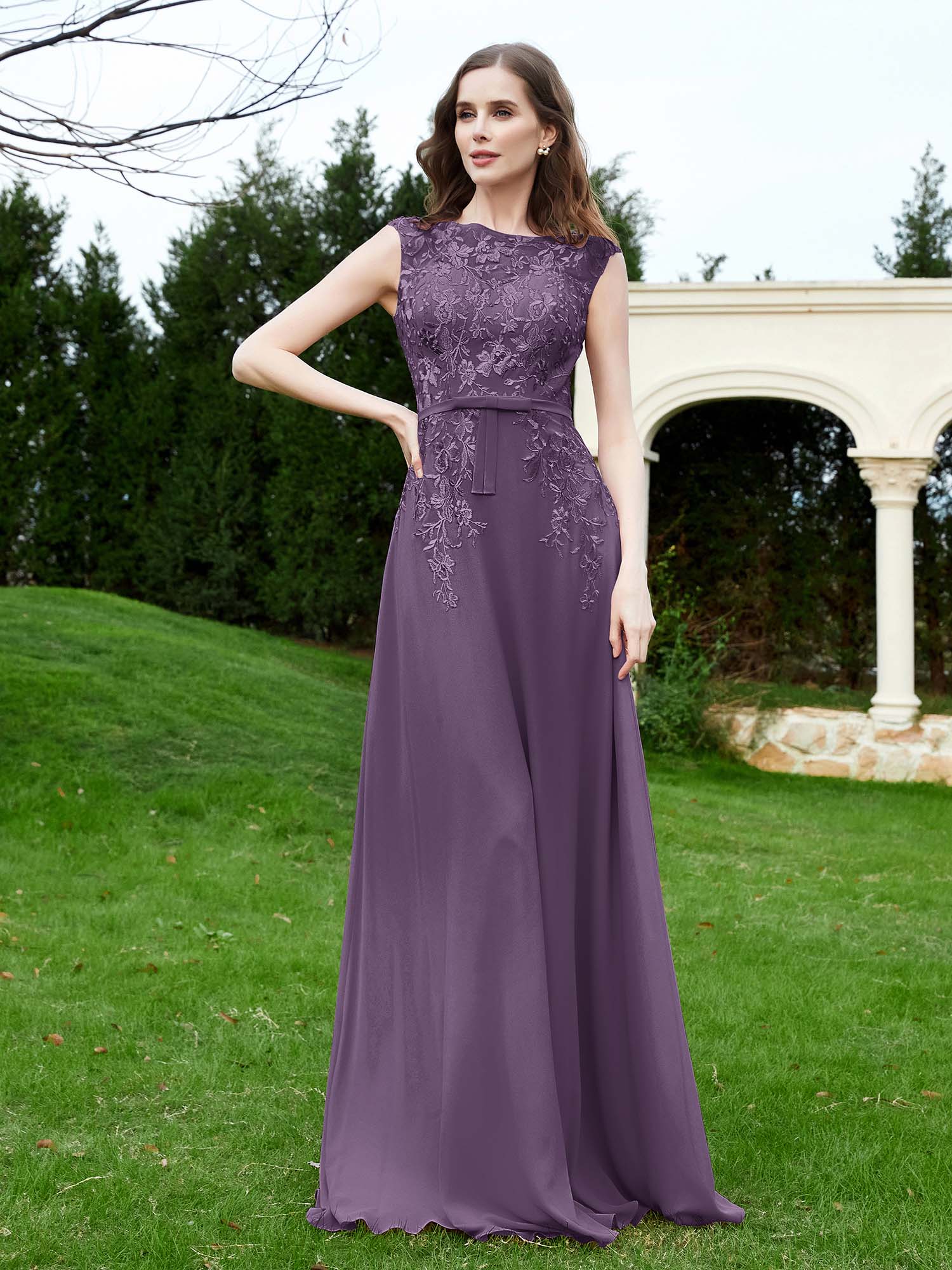 A-Line Chiffon Dress with Flower Appliqued Plum